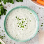 overhead photo of a bowl of Homemade Buttermilk Ranch Dressing