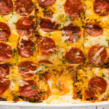 overhead photo of a pan of pizza lasagna