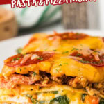 CLOSE UP OF PIZZA LASAGNA WITH TEXT OVERLAY