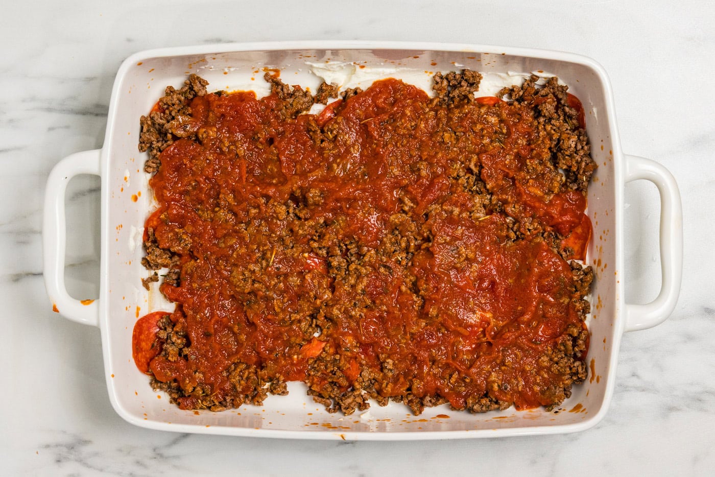 meat sauce in baking dish