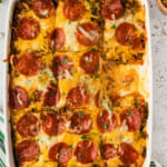overhead photo of pizza lasagna with a slice removed