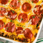 close up overhead view of pizza lasagna in pan