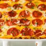 close up view of pizza lasagna in pan