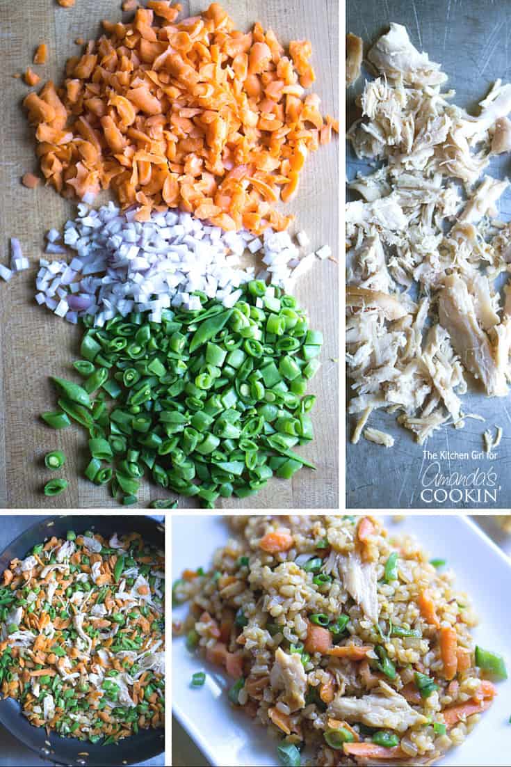 Photos of the steps to make teriyaki chicken and rice.