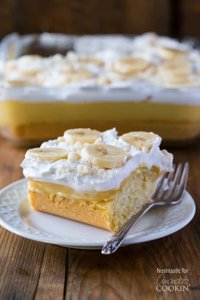 This delicious banana pudding poke cake recipe is quick and easy and perfect for a potluck. Use a cake mix for this beautiful poke cake dessert!