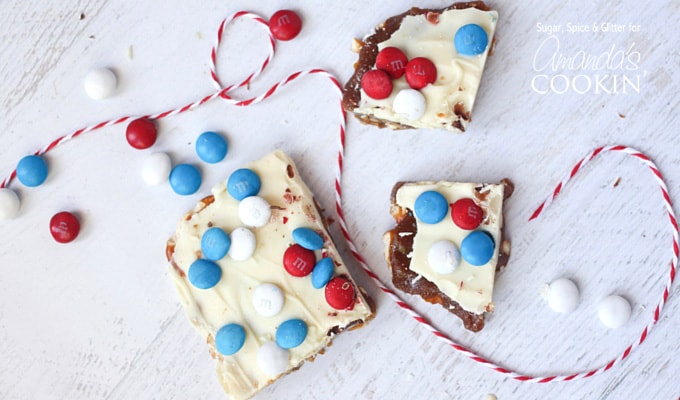 An overhead photo of patriotic candy bark.