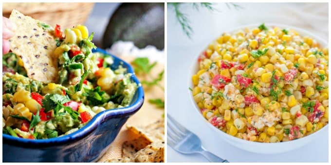 collage of photos with corn salad and guacamole