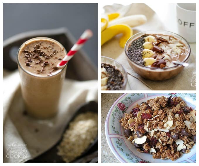 Photos of a loaded coffee breakfast smoothie, mocha smoothie bowl and homemade granola.