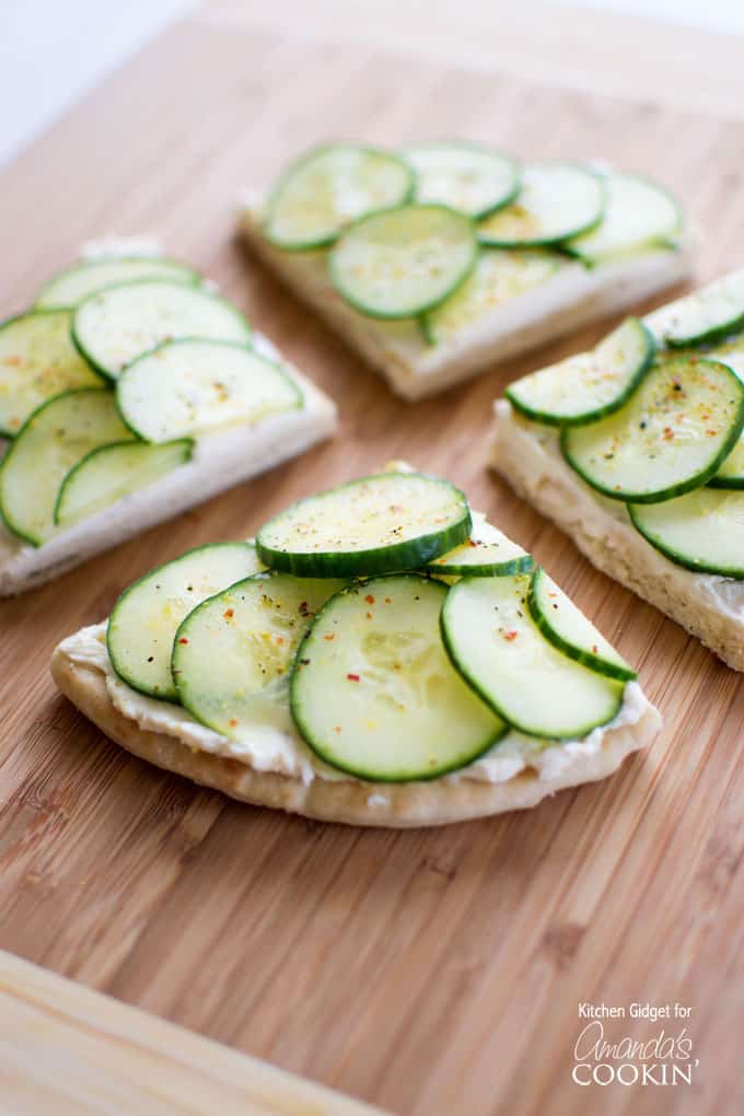 Cucumber Sandwiches with cream cheese on pita bread.