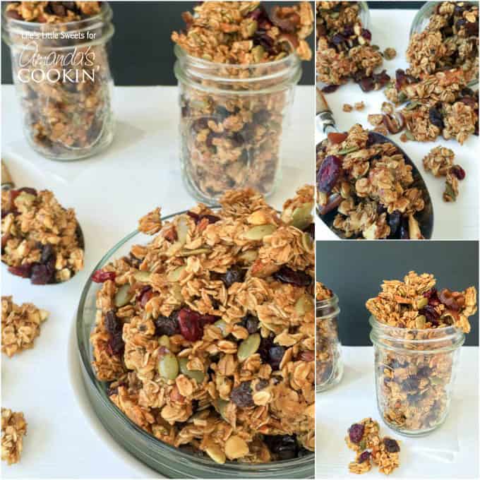 An assortment of photos of autumn harvest fruit and nut granola.