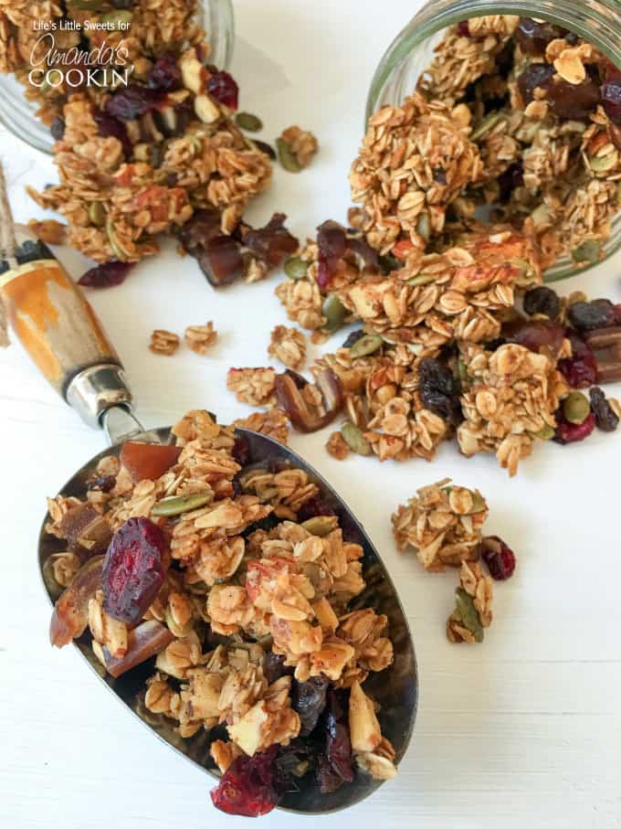 A close up photo of autumn harvest fruit and nut granola.