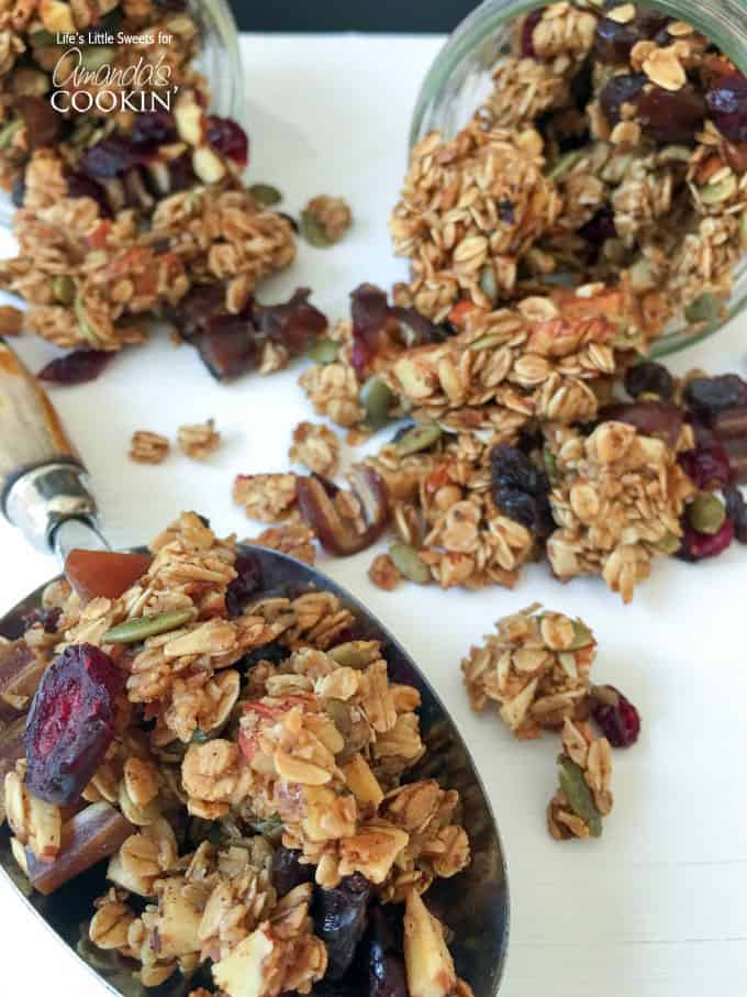 A close up photo of autumn harvest fruit and nut granola.