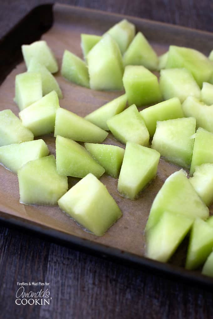 A close up photo of chopped honeydew.
