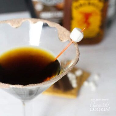 A close up photo of a S'mores martini.