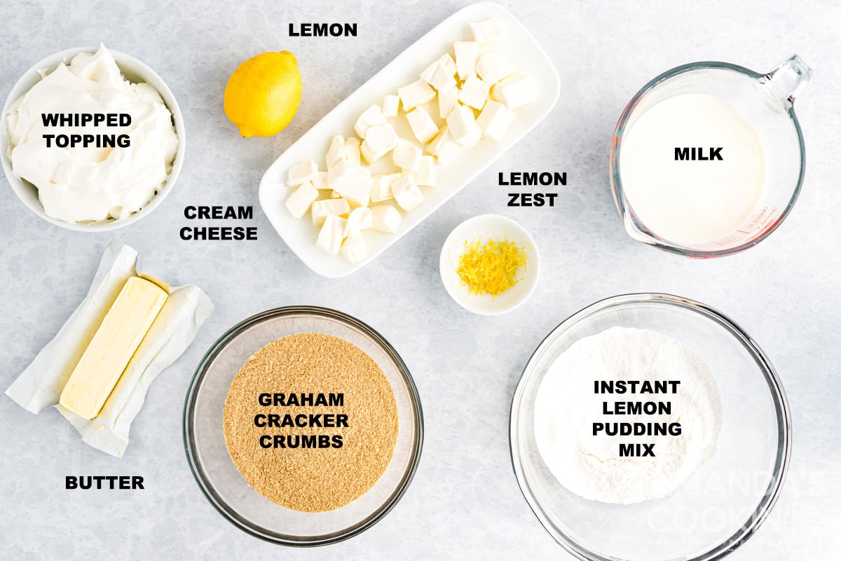 labeled ingredients for lemon cheesecake pudding dessert