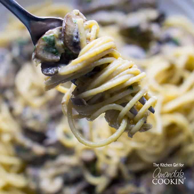 A close up of mushroom stroganoff swirled onto a fork.