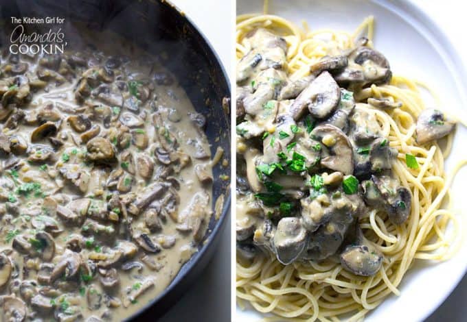 Two overhead pictures, one of a skillet of mushroom stroganoff and the other picture is mushroom stroganoff on a white plate.