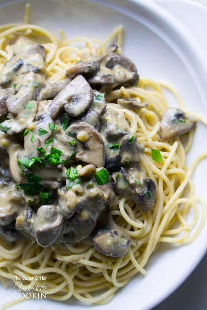 A close up overhead of mushroom stroganoff on a white plate.