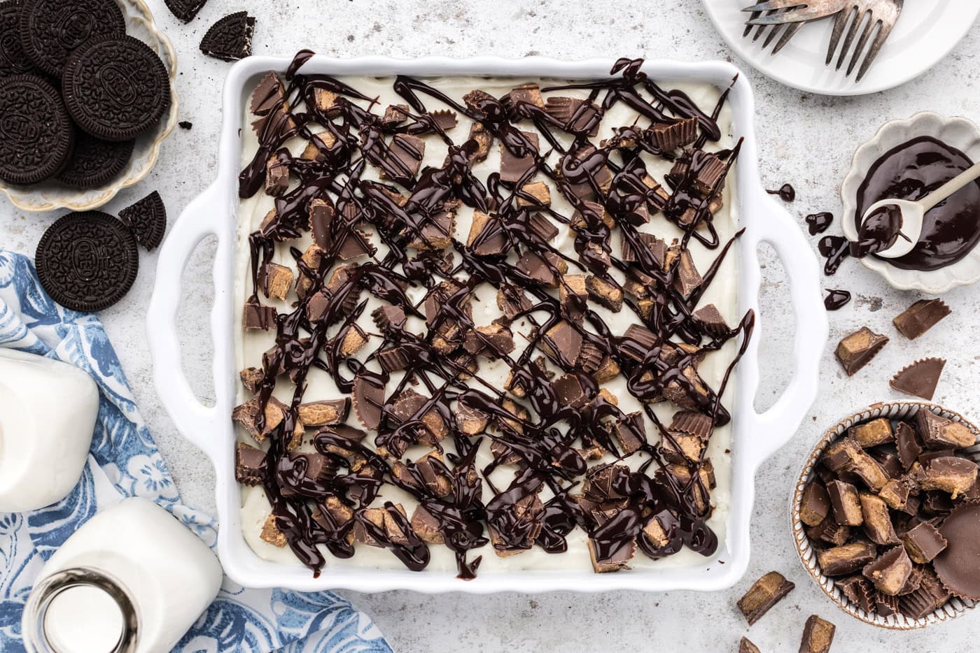 overhead of Peanut Butter Oreo No Bake Cheesecake