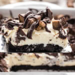 spatula lifting slice of Peanut Butter Oreo No Bake Cheesecake