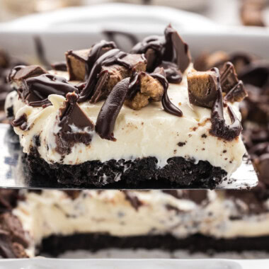 spatula lifting slice of Peanut Butter Oreo No Bake Cheesecake