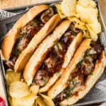 overhead photo of Slow Cooker BBQ Meatball Subs in a tray