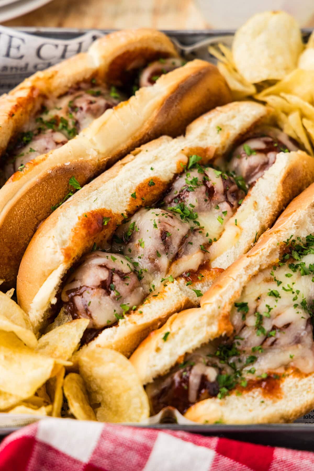 Slow Cooker BBQ Meatball Subs in a tray