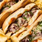 Slow Cooker BBQ Meatball Subs in a tray