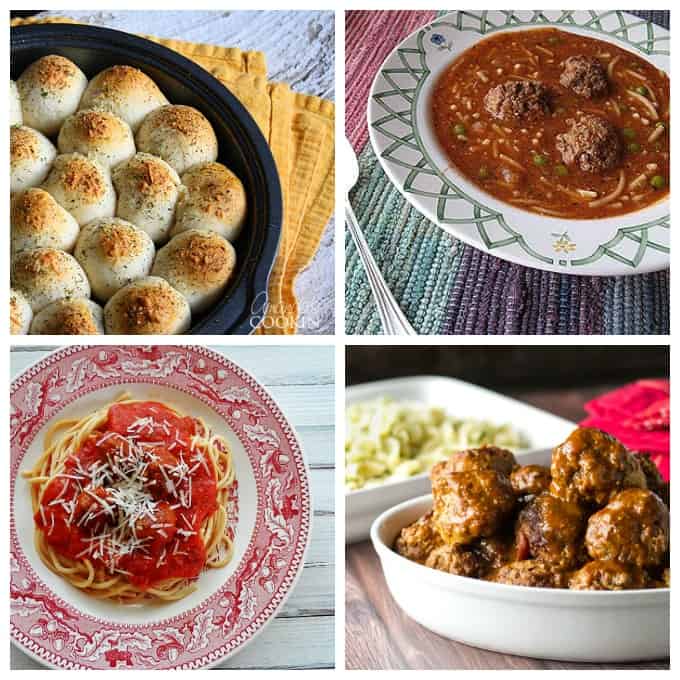 Photos of meatball stuffed biscuits, meatball soup, spaghetti and meatballs and Braised Meatballs with Buttered Noodles.