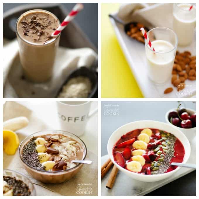 An assortment of photos of different kinds of smoothies and smoothie bowls.