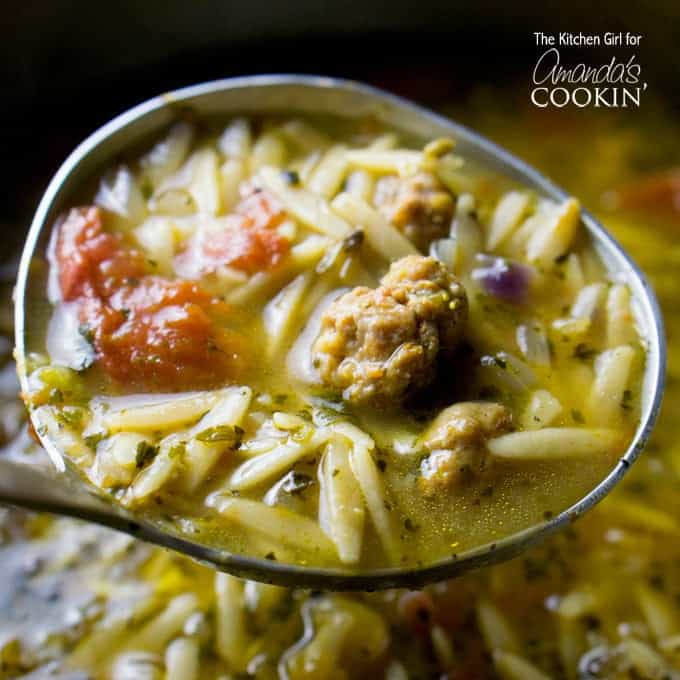 italian sausage tomato orzo soup in ladel