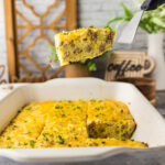 spatula lifting a slice of Turkey Hash Brown Breakfast Casserole
