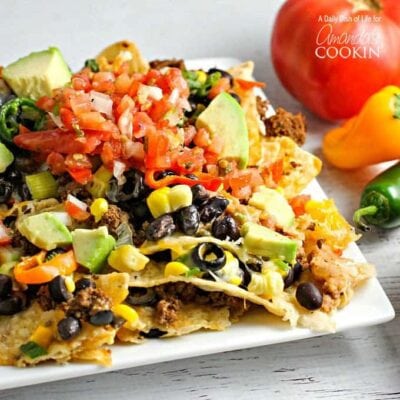 A close up of loaded nachos on a white plate.