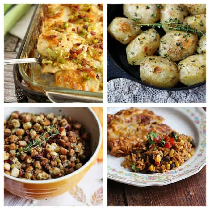 Photos of Potatoes Au Gratin, potatoes roasted in a cast iron skillet, stuffing with parsley, sage, rosemary & thyme and Spanish rice with black beans and corn.