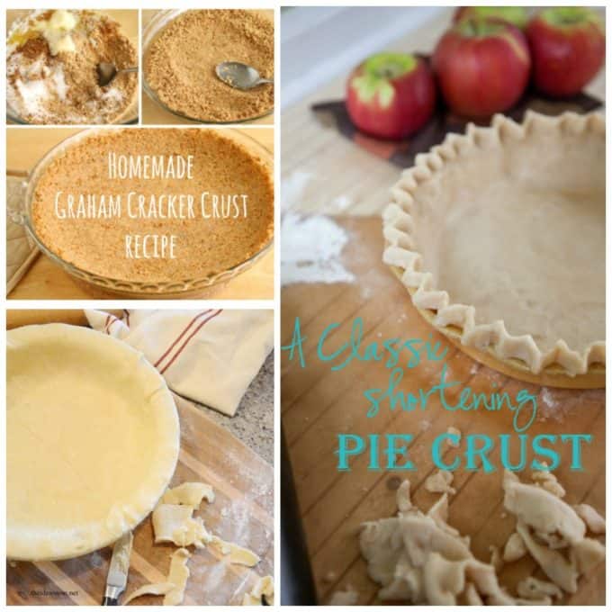 Photos of the steps to make a homemade graham cracker crust and a photo of a shortening pie crust.