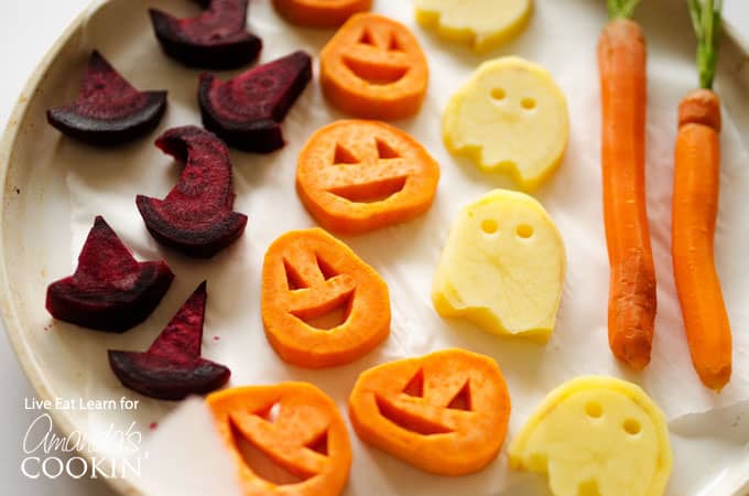 A close up photo of roasted Halloween vegetables.