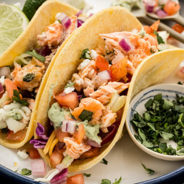close up photo of Salmon Tacos