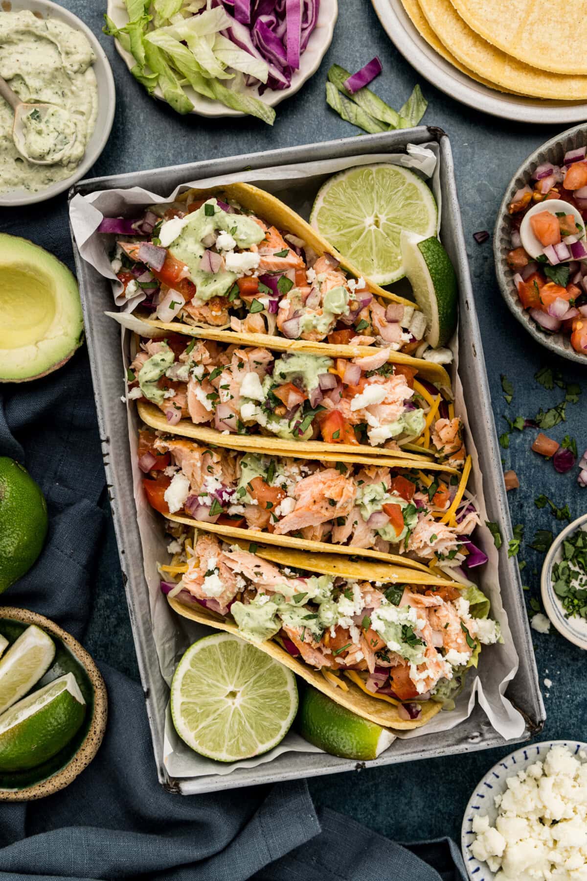 overhead photo of Salmon Tacos in a tray