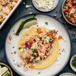 overhead of Salmon Tacos on plate