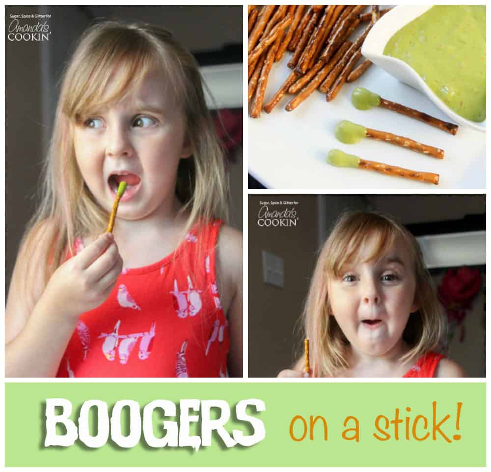 An assortment of photos of a young girl enjoying boogers on a stick.