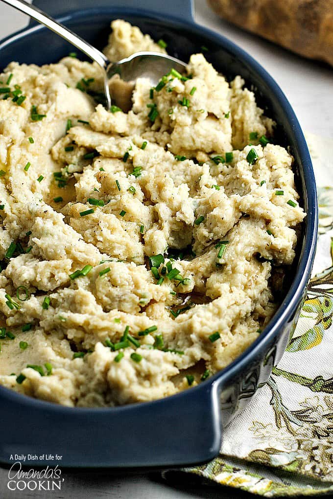 A close up overhead picture of brown butter mashed potatoes.