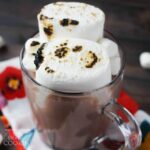 glass mug of hot chocolate with roasted marshmallows