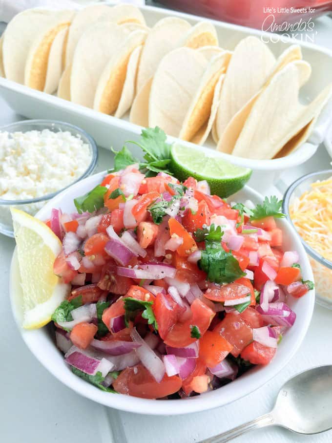 A photo of fresh salsa for salmon tacos.