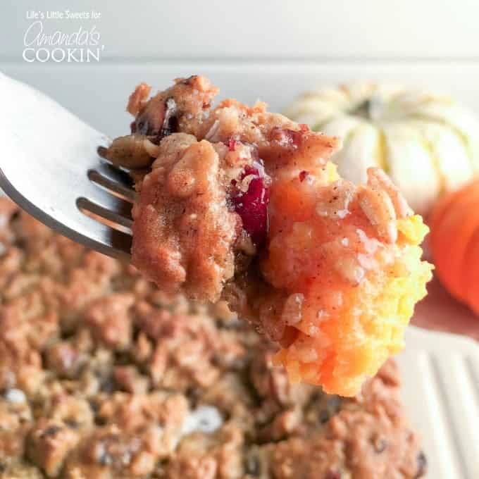 A close up forkful of oatmeal cookie sweet potato casserole. 