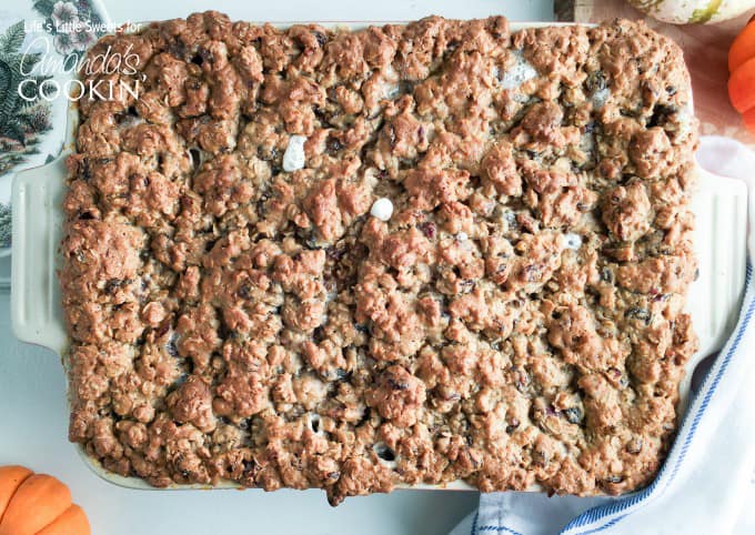 An overhead of oatmeal cookie sweet potato casserole.