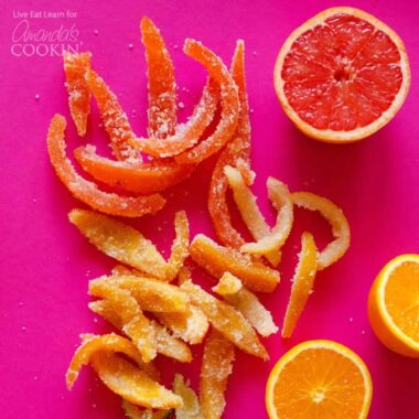 An overhead of candied grapefruit and orange peels.