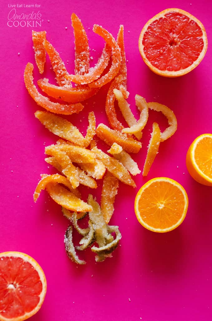 An overhead of candied grapefruit and orange peels.