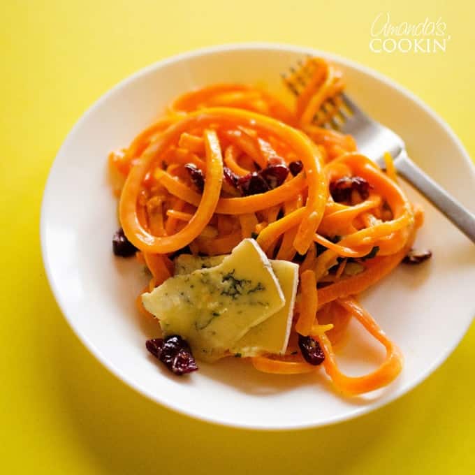 A close up of a plate of butternut squash pasta.