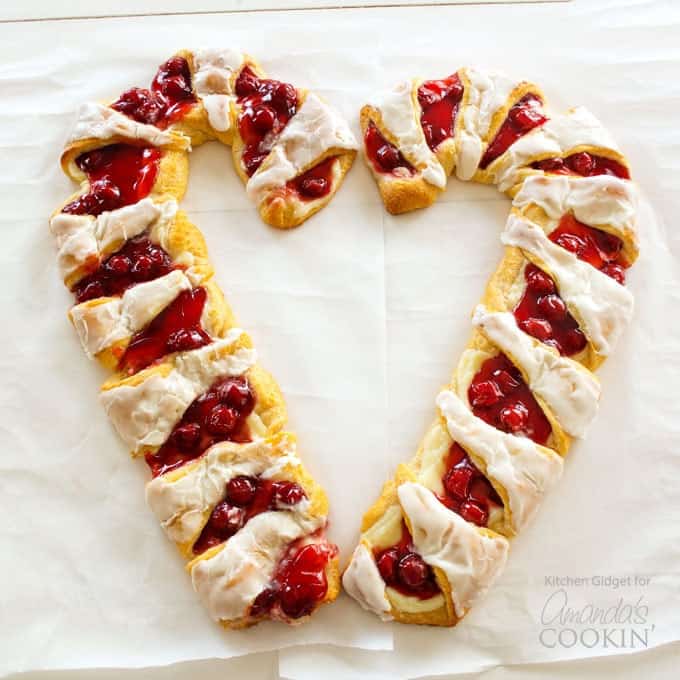 cherry cheese pastry in the shape of a candy cane