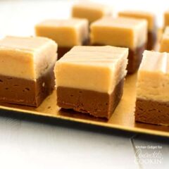 A close up of chocolate peanut butter fudge squares.